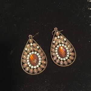 Brown and White Teardrop Earrings with Gemstone Halo